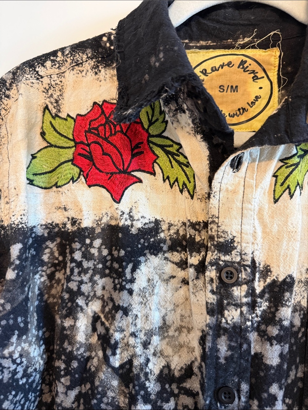 Distressed Black Button-Up Shirt with Red Rose Embroidery - Picture 6 of 8